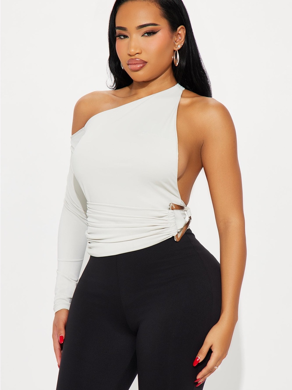 Fashion Nova White One-Shoulder Asymmetric Long Sleeve Top